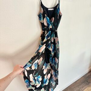 Floral Black & Blue Midi Dress with adjustable Spaghetti Straps